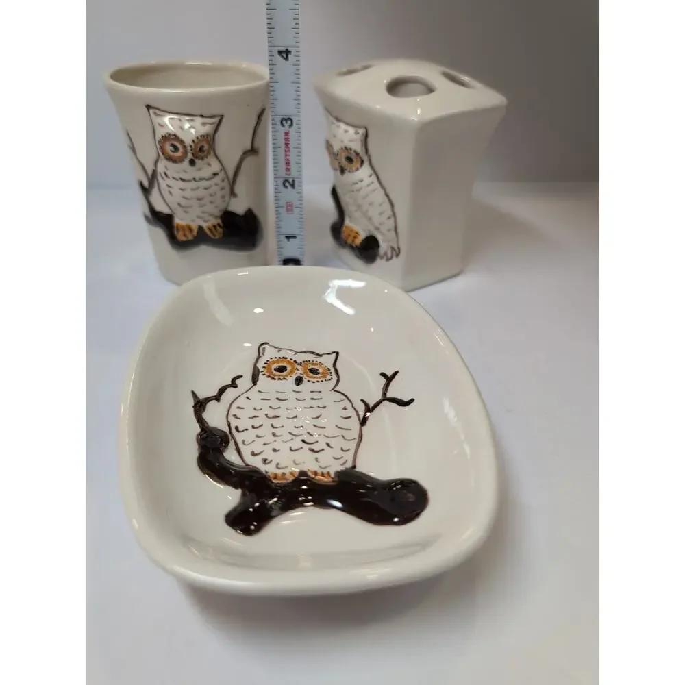 Vintage Ceramic 3D Owl Bathroom Set 1970's Hand painted